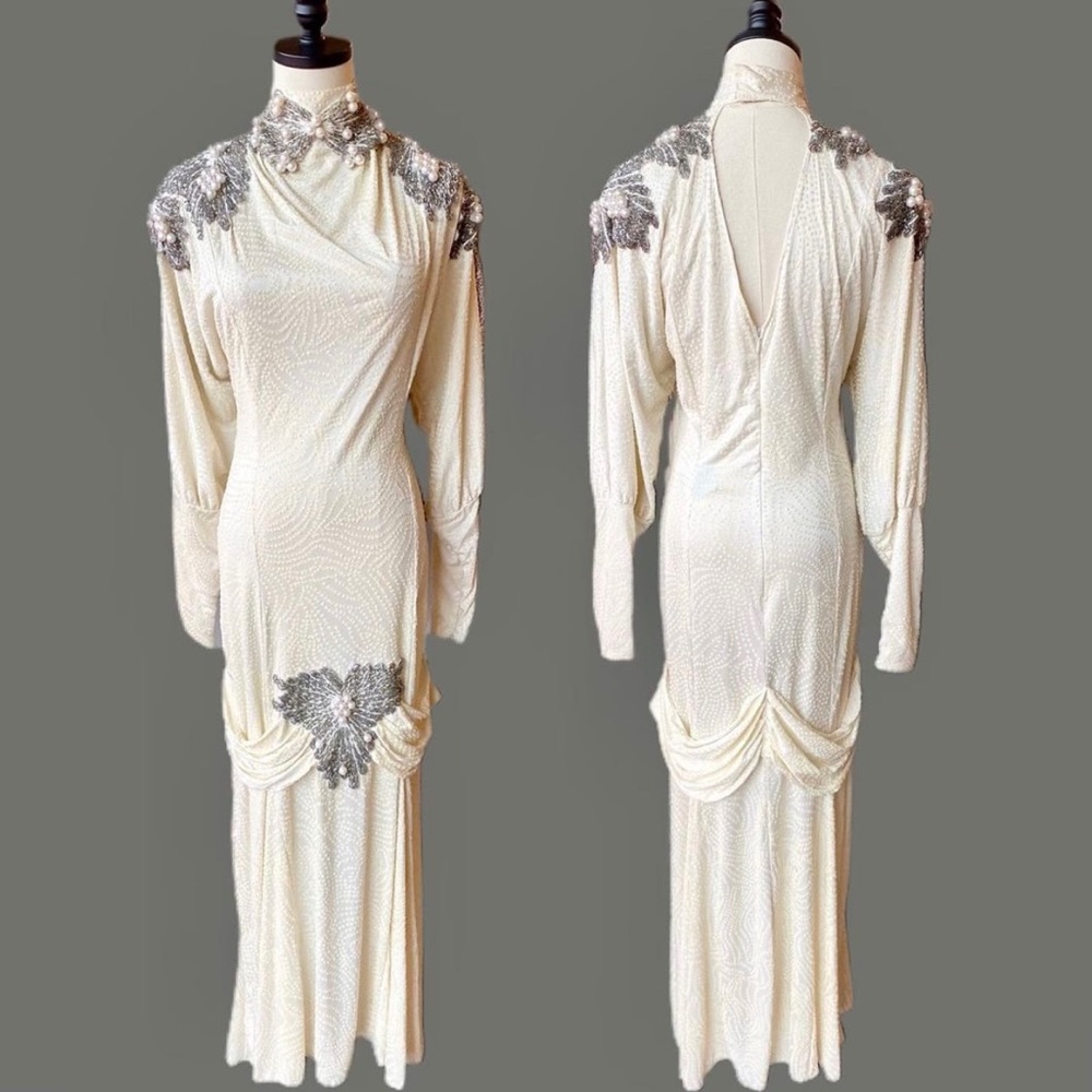 EUC Stunning VTG Conelli New York Sequined Beaded Dress Winter Wedding Cream NYE